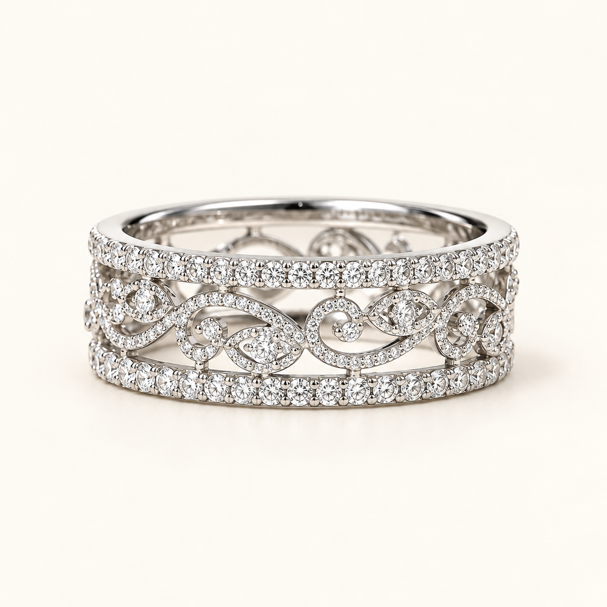 Women’s Wide Ring with Openwork Vine Pattern and Multiple Row Stone Accents