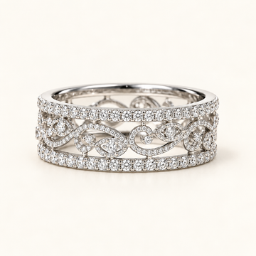 Women’s Wide Ring with Openwork Vine Pattern and Multiple Row Stone Accents