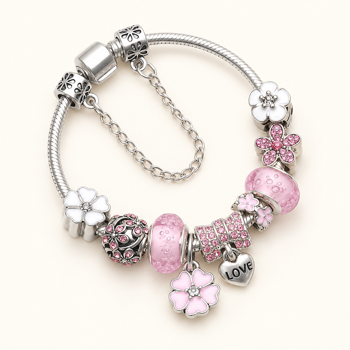 Women’s Charm Bracelet with Flower Motifs and Multiple Charm Details