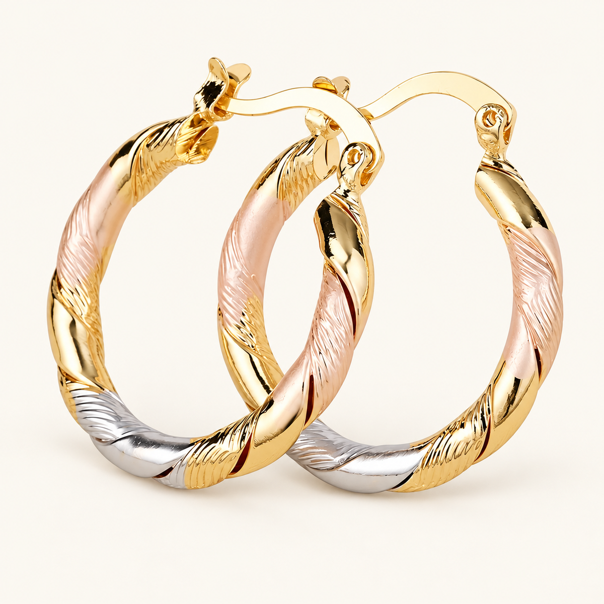 Women's Hoop Earrings with Triple Contrast Design and Spiral Wrapped Structure