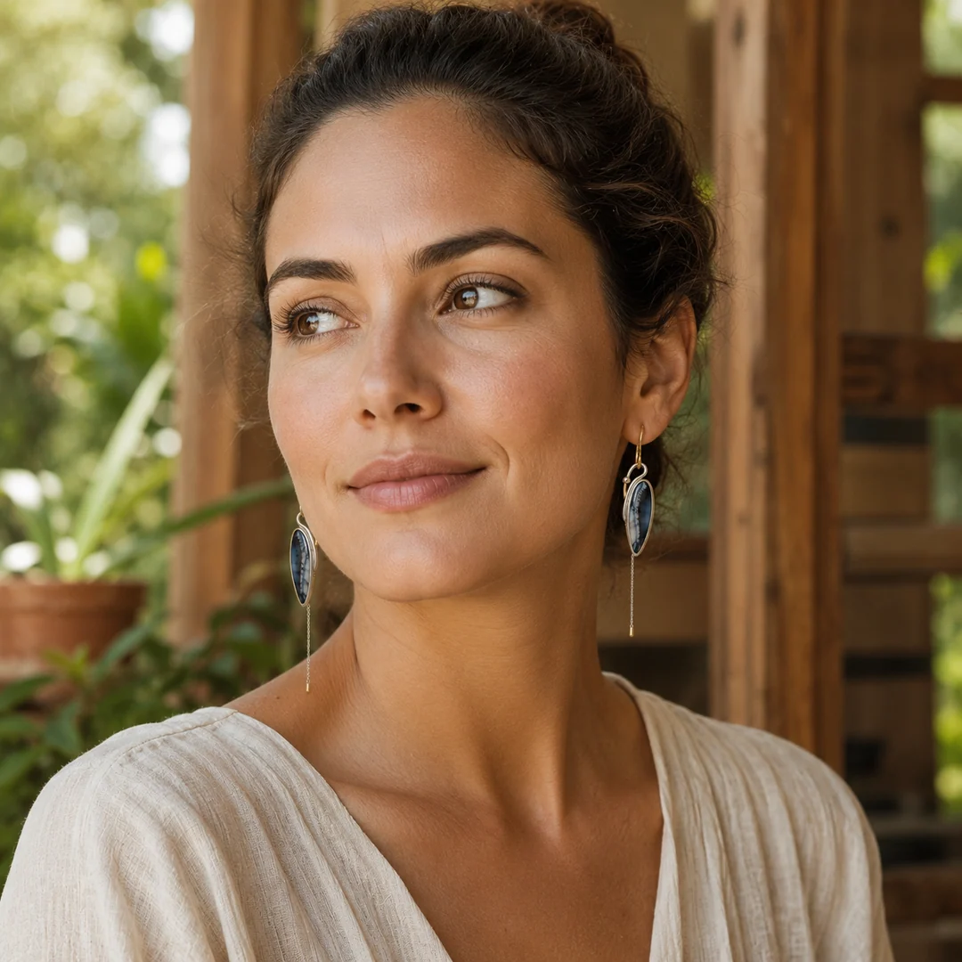 Women’s Drop Earrings with Elongated Teardrop Centerpiece and Chain Pendant