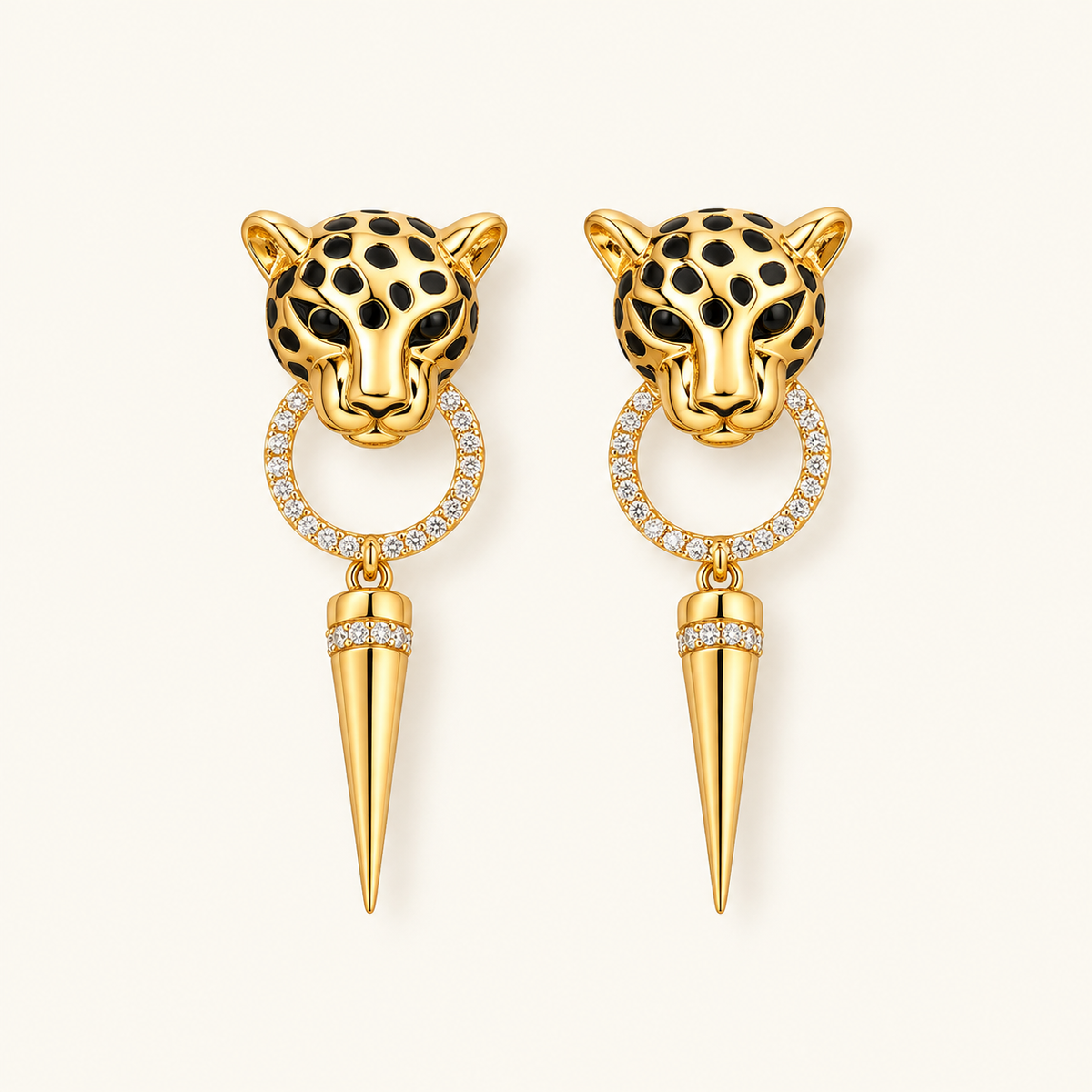 Women’s Dangle Earrings with Leopard Head, Round Pendant and Pointed Detail