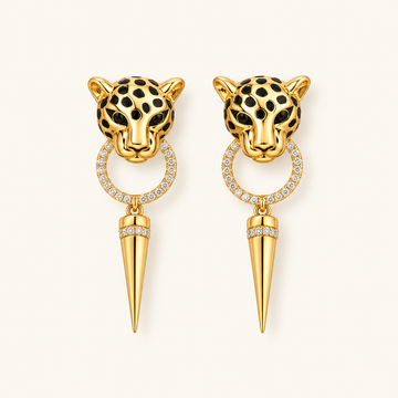 Women’s Dangle Earrings with Leopard Head, Round Pendant and Pointed Detail