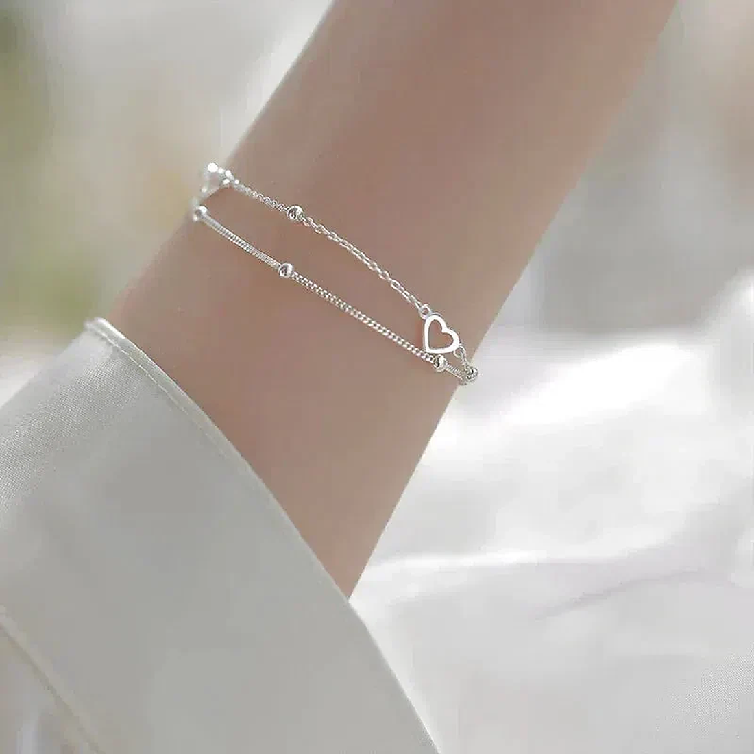 Women's Heart Bracelet with Double Chain Structure and Fine Ball Details