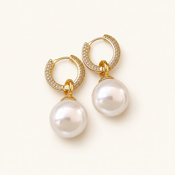 Women's Huggie Earrings with Round Pendant and Decorative Stone Accents