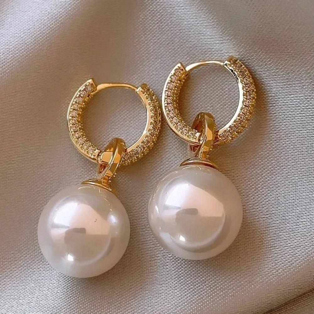 Women's Huggie Earrings with Round Pendant and Decorative Stone Accents