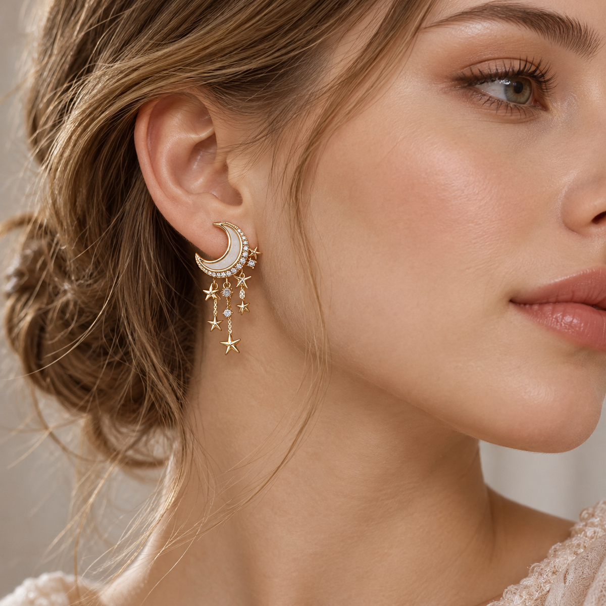 Women’s Moon Earrings with Stars Pendants and Cascade Design