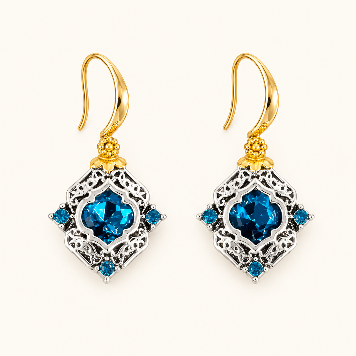 Women’s Earrings with Blue Crystal Center Stone and Two Colored Frame