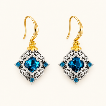 Women’s Earrings with Blue Crystal Center Stone and Two Colored Frame