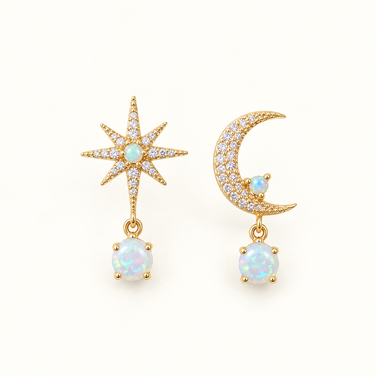 Women's Earrings with Moon and Star Motifs and Decorative Stone Accents