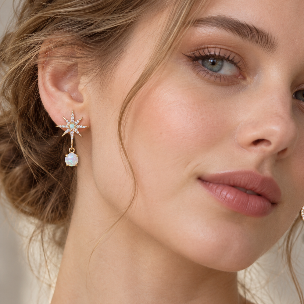 Women's Earrings with Moon and Star Motifs and Decorative Stone Accents