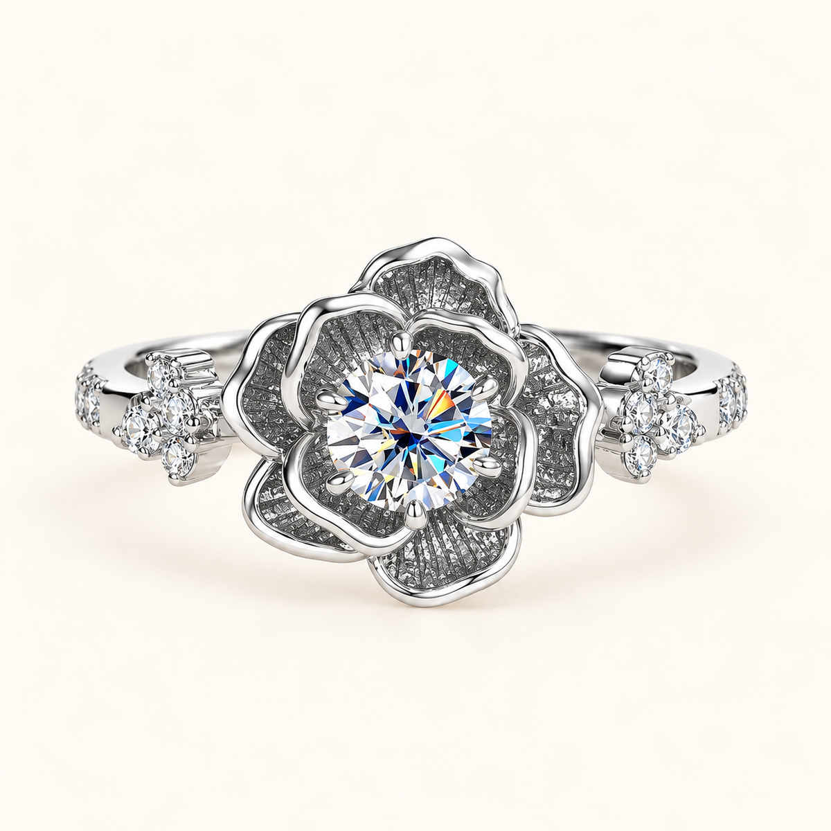 Women’s Ring with Round Center Stone and Multi-layer Flower Frame