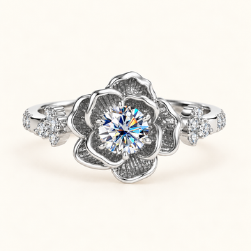 Women’s Ring with Round Center Stone and Multi-layer Flower Frame
