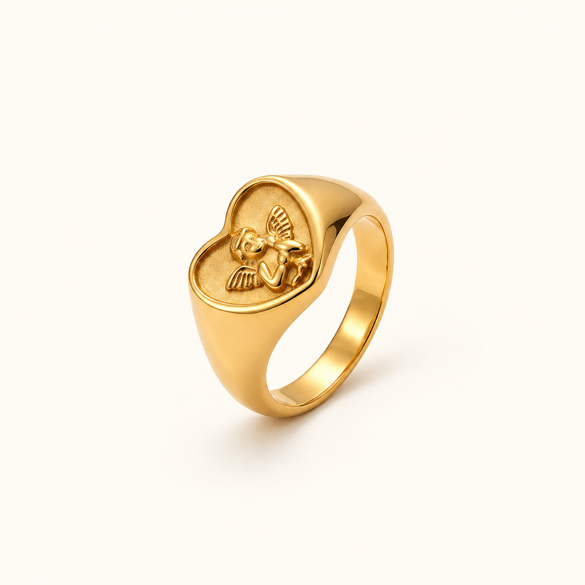 Women's Signet Ring with Angel Motif and Wide Band