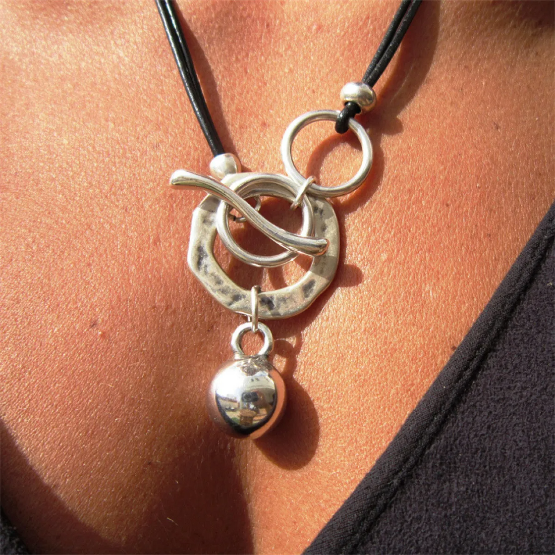Women’s Statement Necklace with Ring Elements, Toggle Detail and Round Pendant