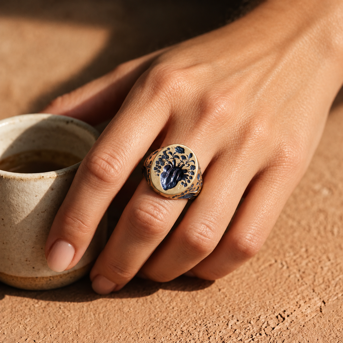 Women's Statement Ring with Heart Motif and Floral Details