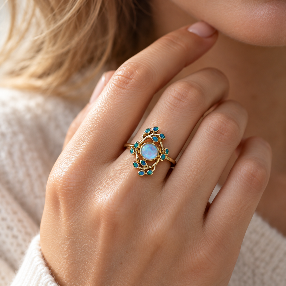 Women’s Statement Ring with Round Center Piece and Organic Stone Setting