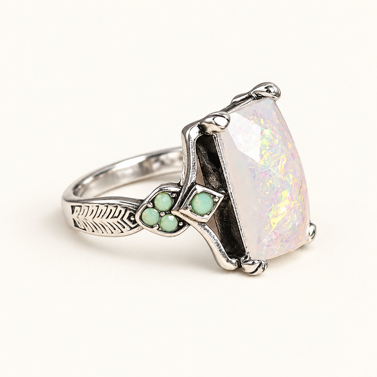 Women's Statement Ring with Irregular Center Stone and Floral Side Details
