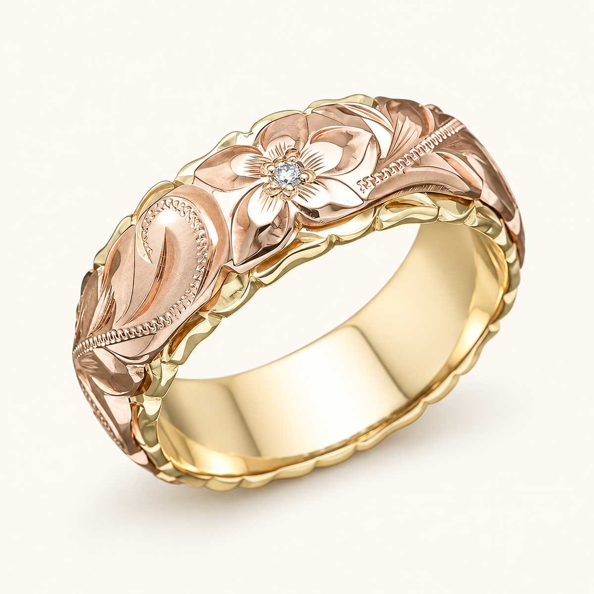 Women's Vintage Ring with Flower Motif and Engraved Leaf Details
