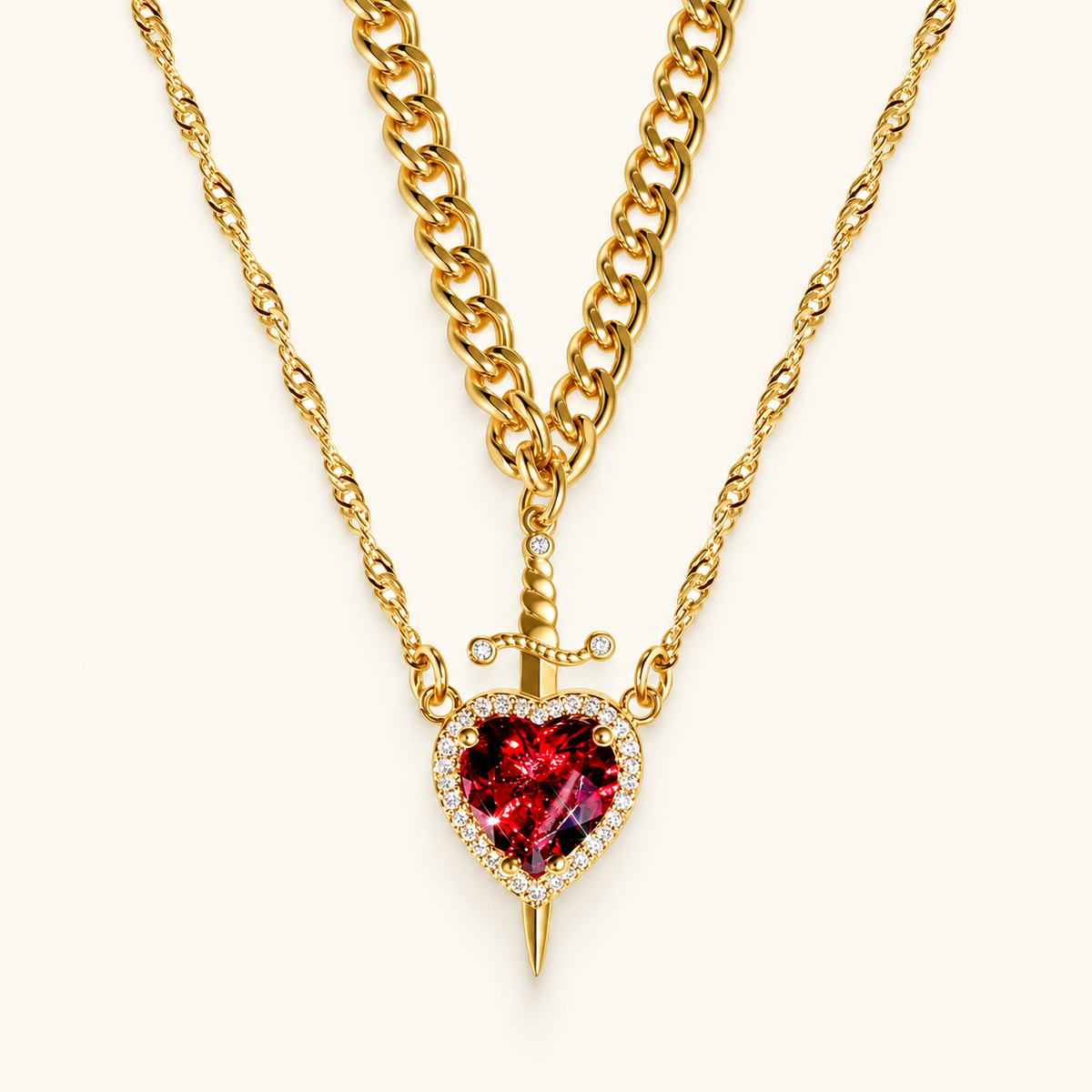 Women's 2-piece Partner Necklace Set with Heart and Sword Pendant
