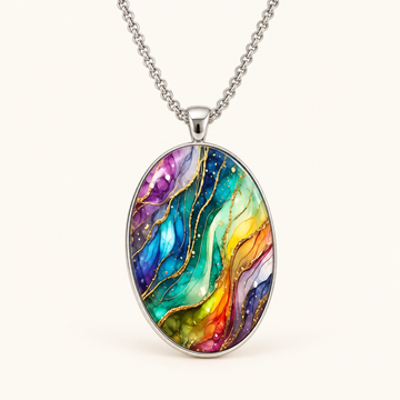 Women's Pendant Necklace with Oval Art Motif and Curved Lines
