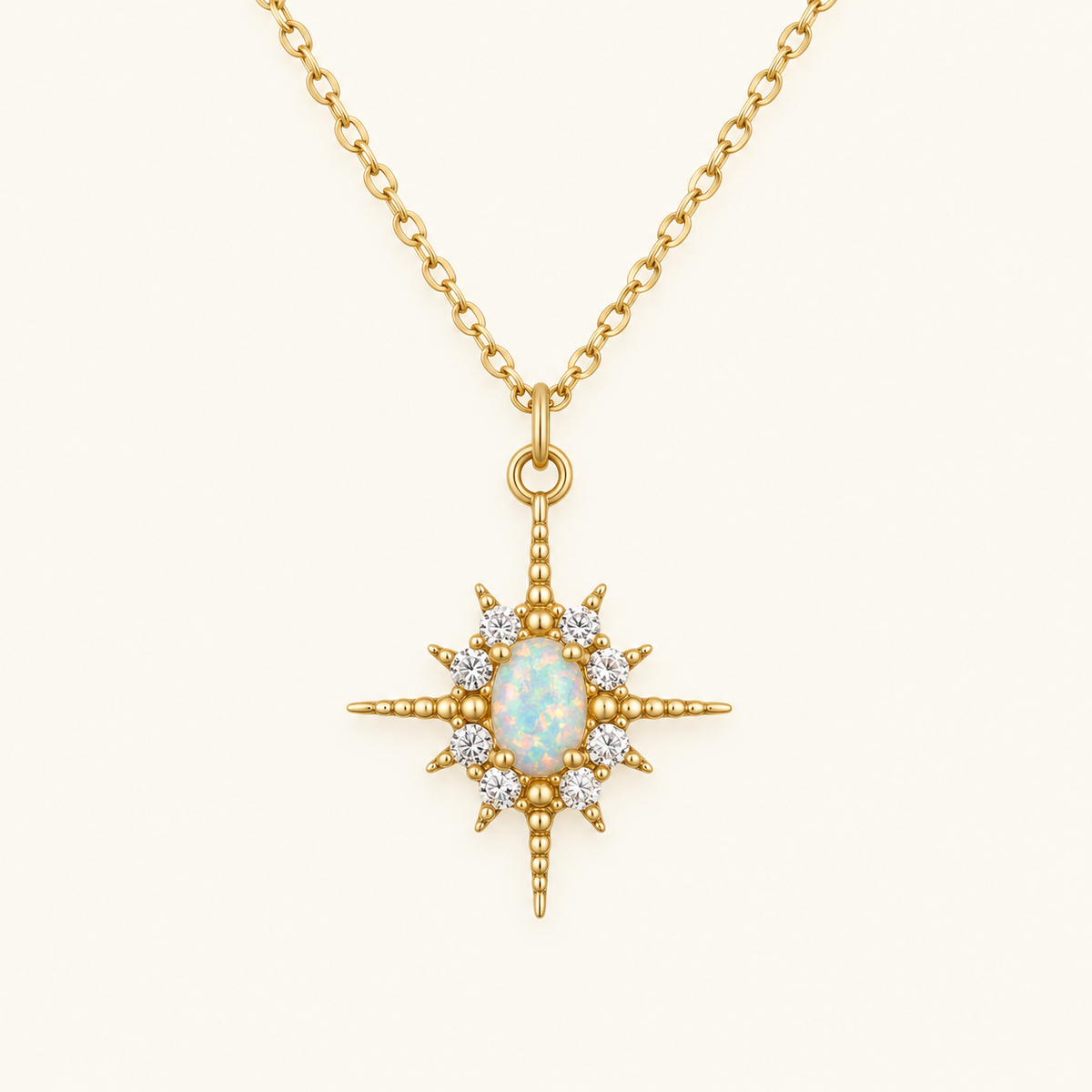 Women's Pendant Necklace with Oval Center Stone and Star Ray Design