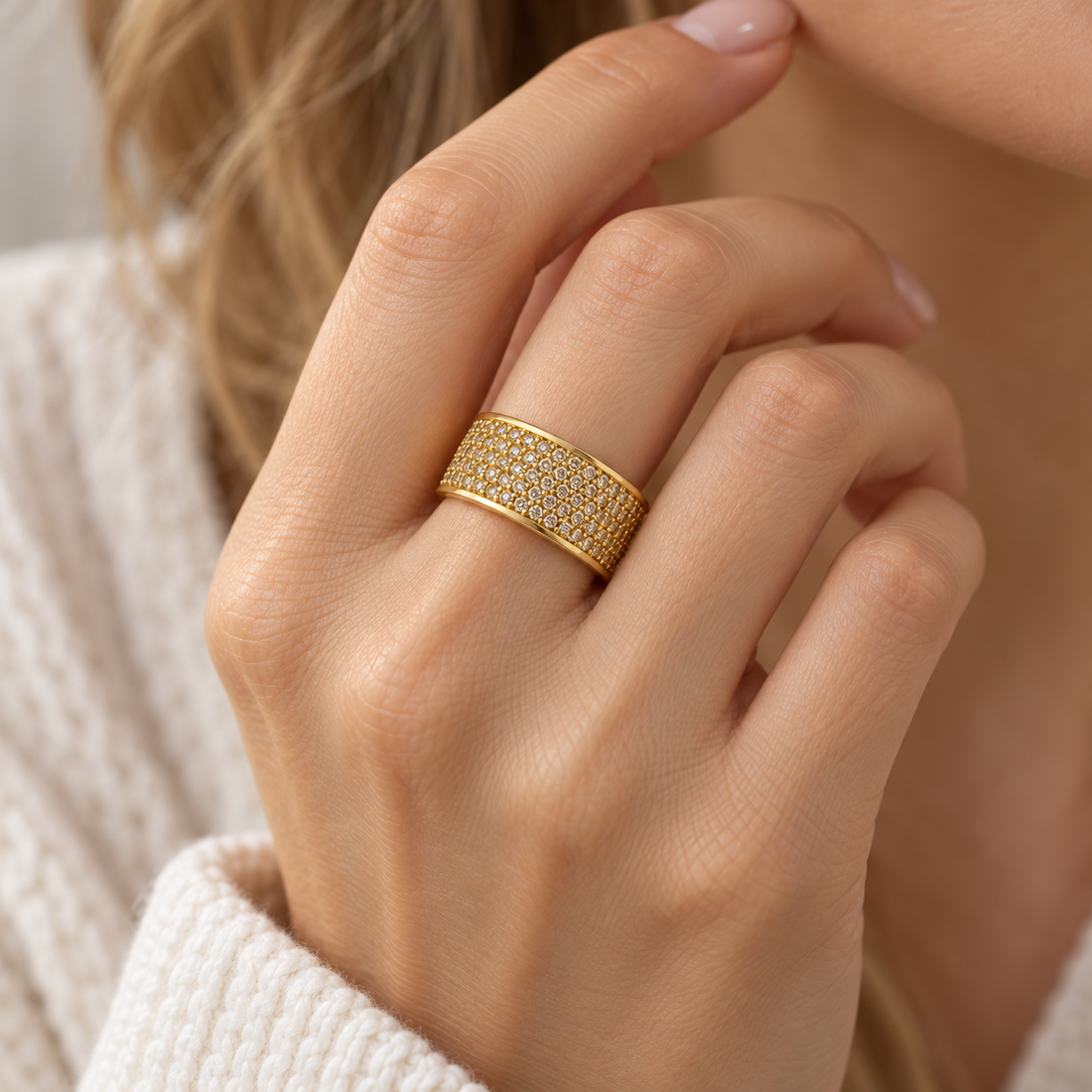 Women’s Broad Statement Ring with Full Surface Stone Setting