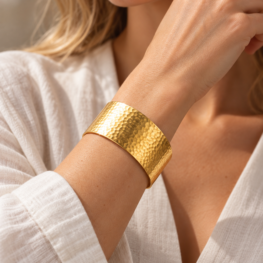 Women’s Wide Open Bracelet with Hammered Structure