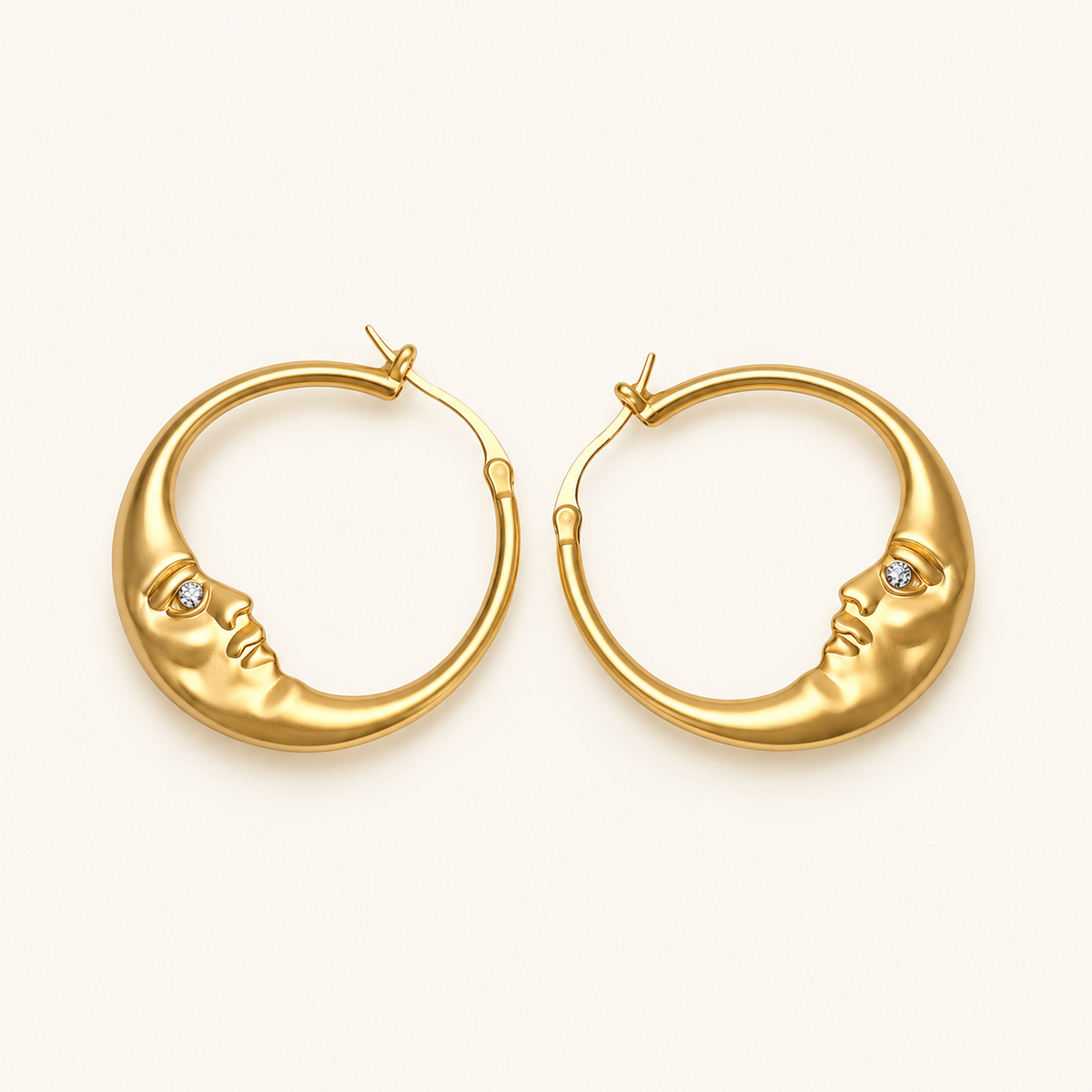 Women’s Hoops with Half Moon Face Motif and Stone Accent