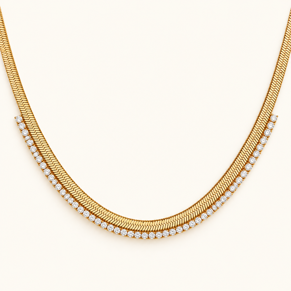 Women's Fishbone Necklace with Wide Chain Design and Stone Accents