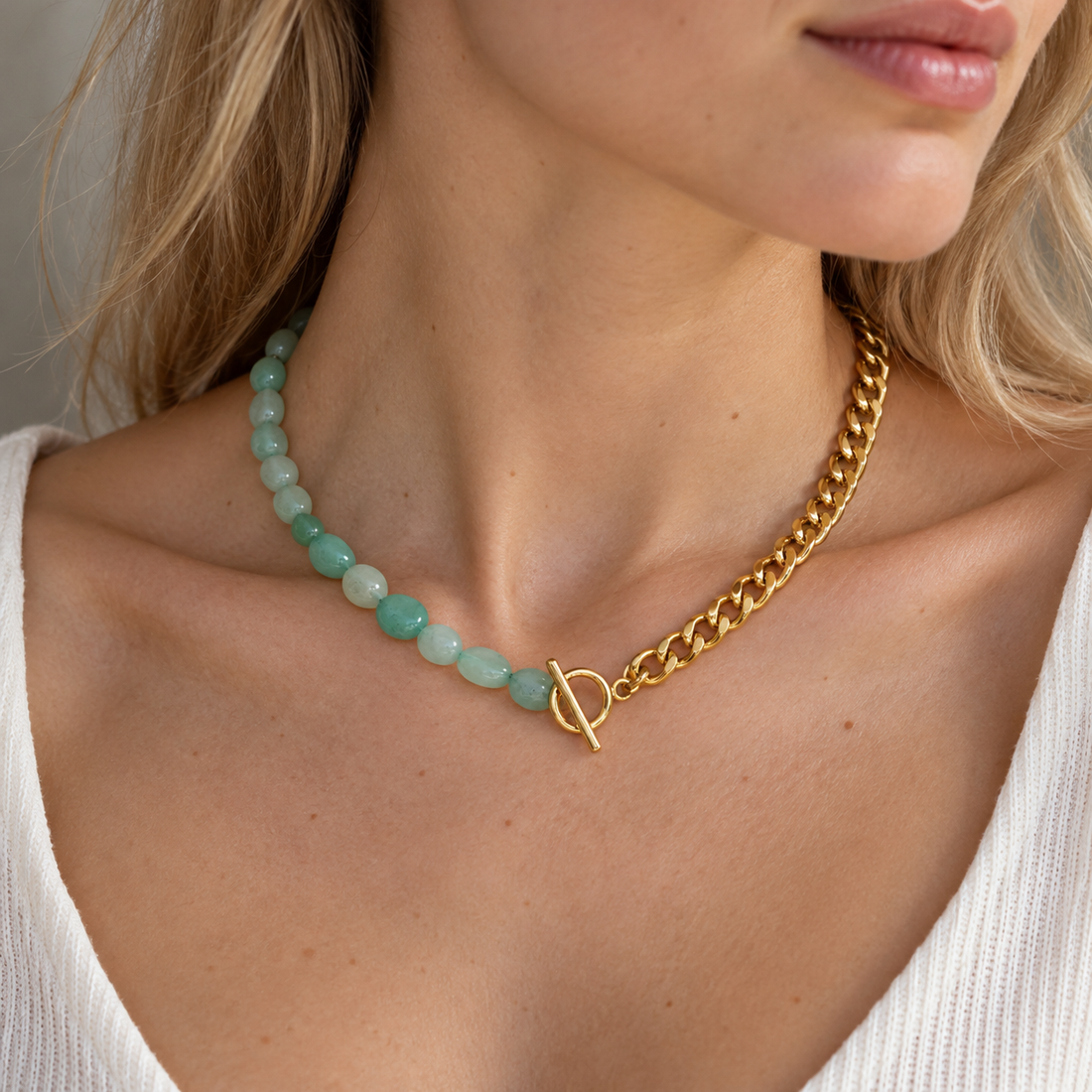 Women’s Half Chains Necklace with Green Pearls and Toggle Clasp