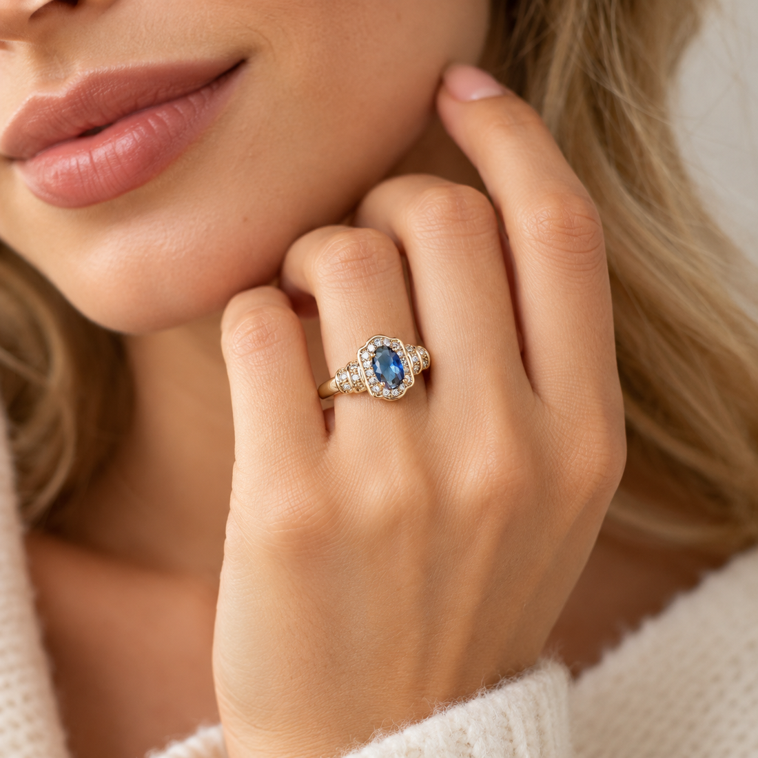 Women’s Halo Ring with Sapphire Center Stone and Crystal Accents