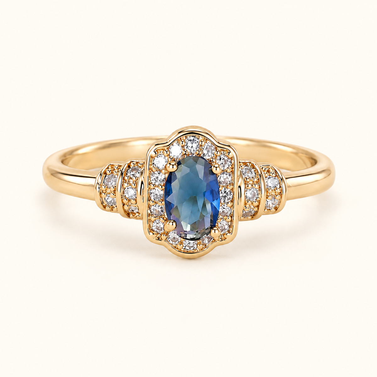 Women’s Halo Ring with Sapphire Center Stone and Crystal Accents