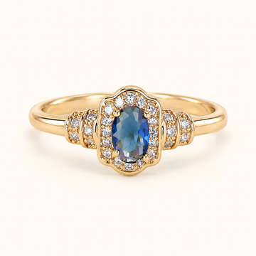 Women’s Halo Ring with Sapphire Center Stone and Crystal Accents