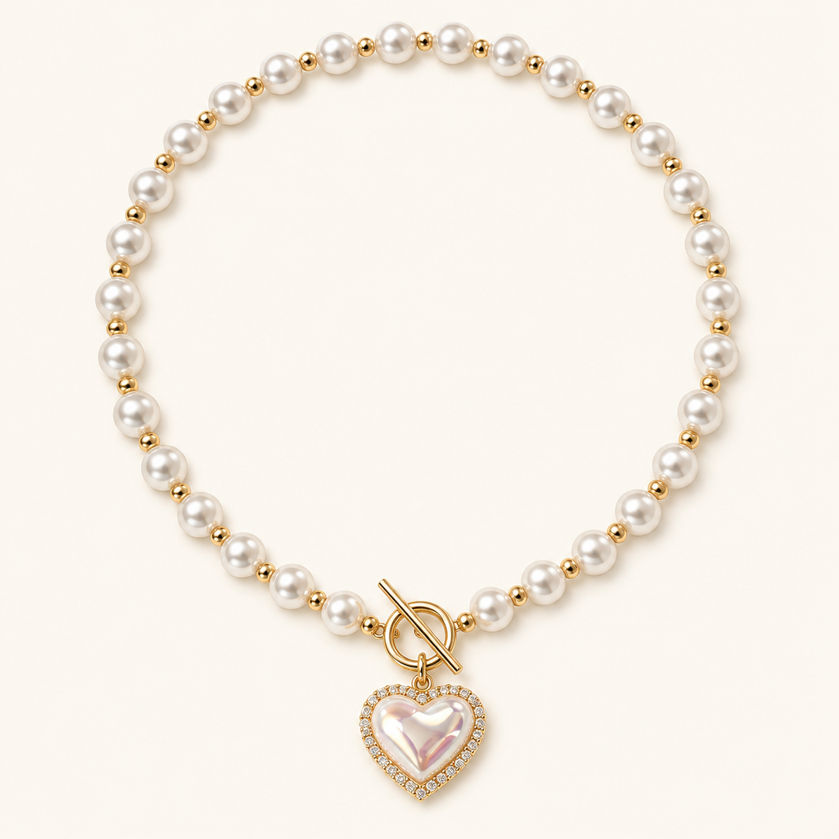 Womens Necklace with Pearl Look and Heart Clasp