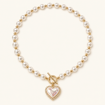 Womens Necklace with Pearl Look and Heart Clasp