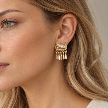 Women's Dangle Earrings with Rectangular Braided Design and Multiple Pendants