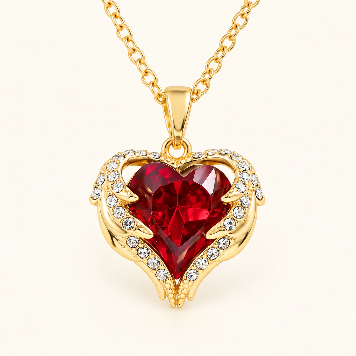 Women’s Heart Pendant Necklace with Wing Frame and Stone Set Details