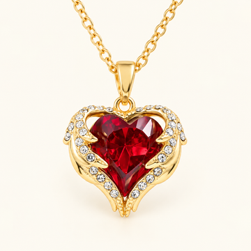 Women’s Heart Pendant Necklace with Wing Frame and Stone Set Details
