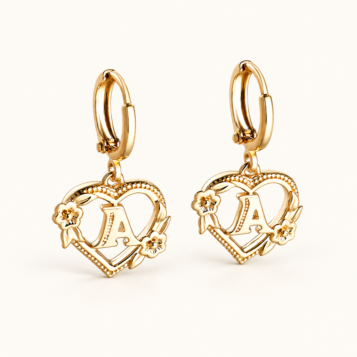 Women's Heart Hoops with Initial and Floral Details