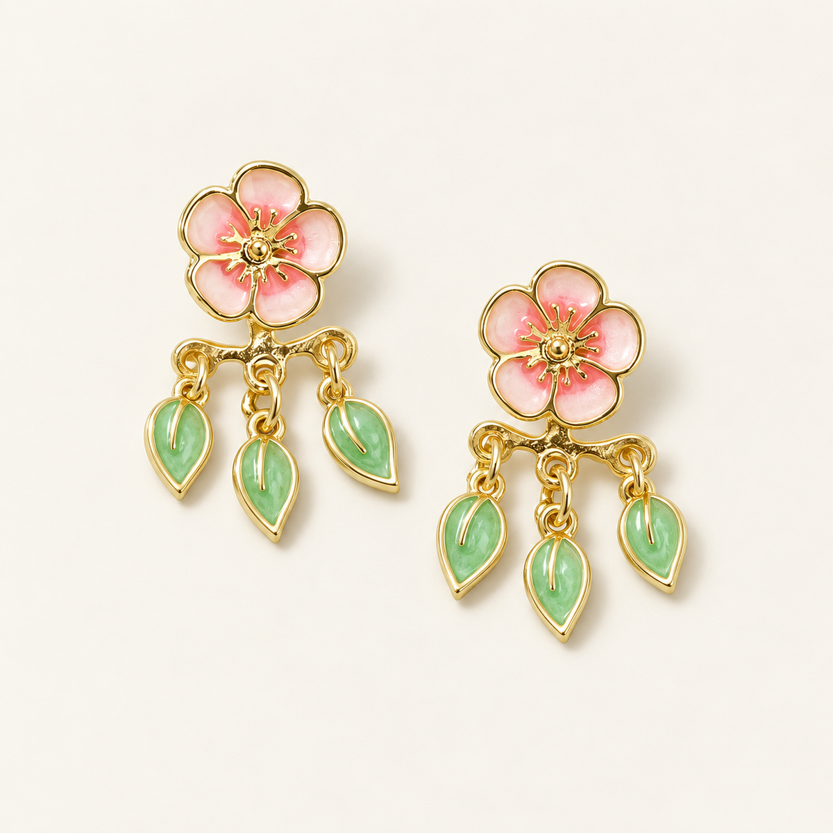 Women’s Cherry Blossom Earrings with Hanging Leaf Design