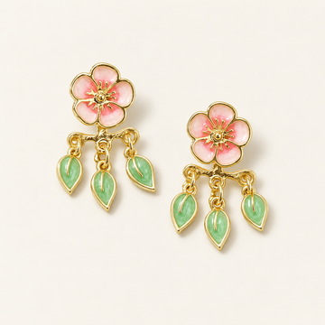 Women’s Cherry Blossom Earrings with Hanging Leaf Design