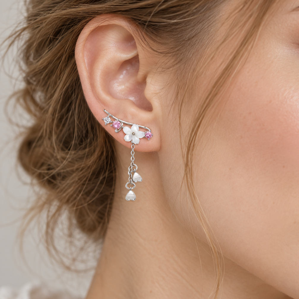 Women's Cherry Blossom Earrings with Hanging Chain Details