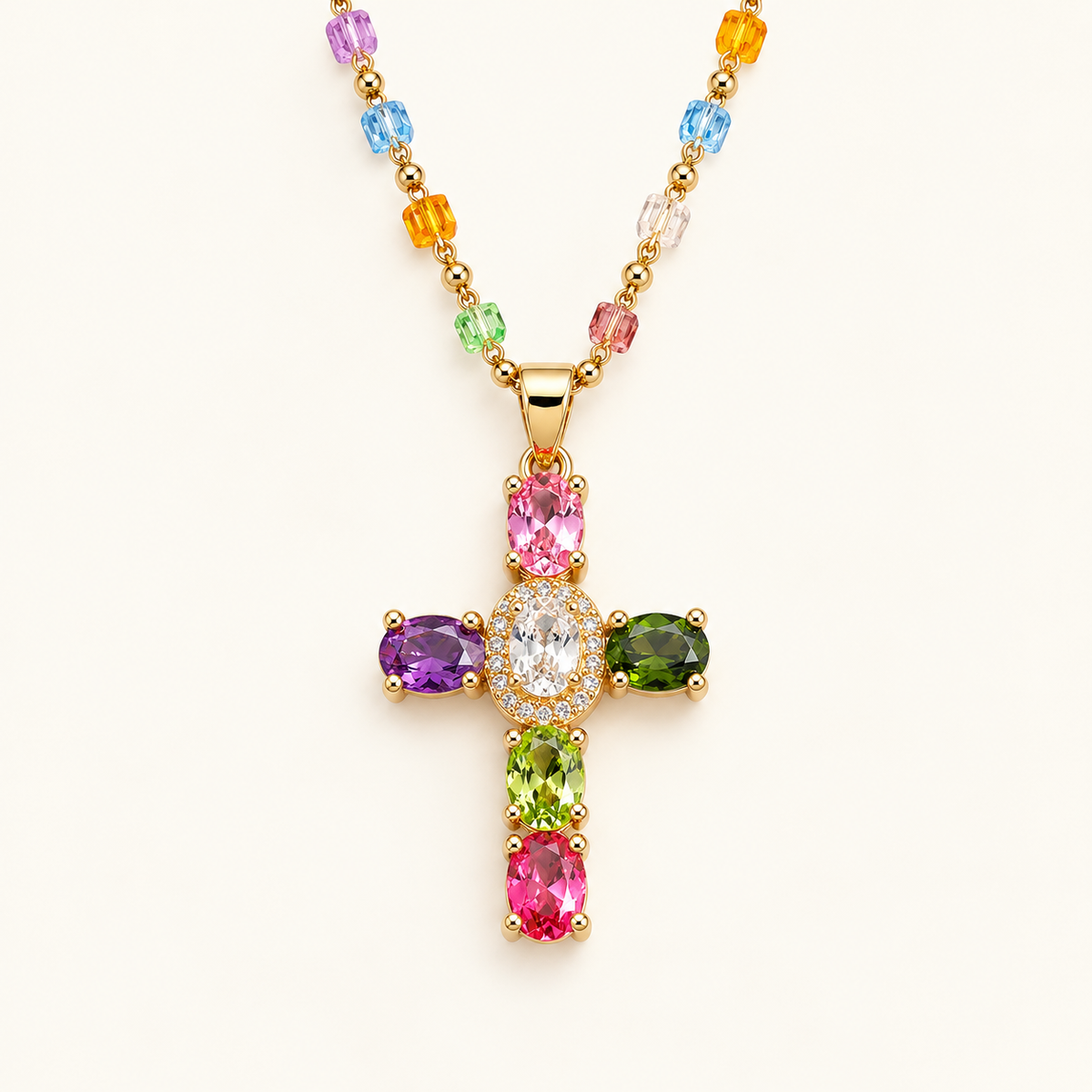 Women's Cross Necklace with Multicolored Stone Embellishment