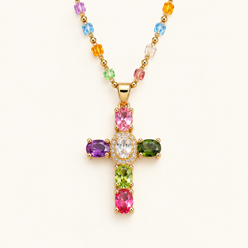 Women's Cross Necklace with Multicolored Stone Embellishment