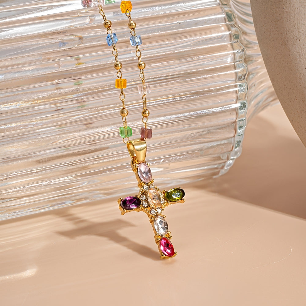 Women's Cross Necklace with Multicolored Stone Embellishment