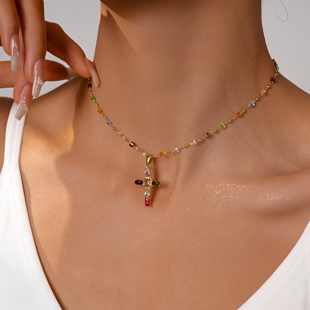 Women's Cross Necklace with Multicolored Stone Embellishment