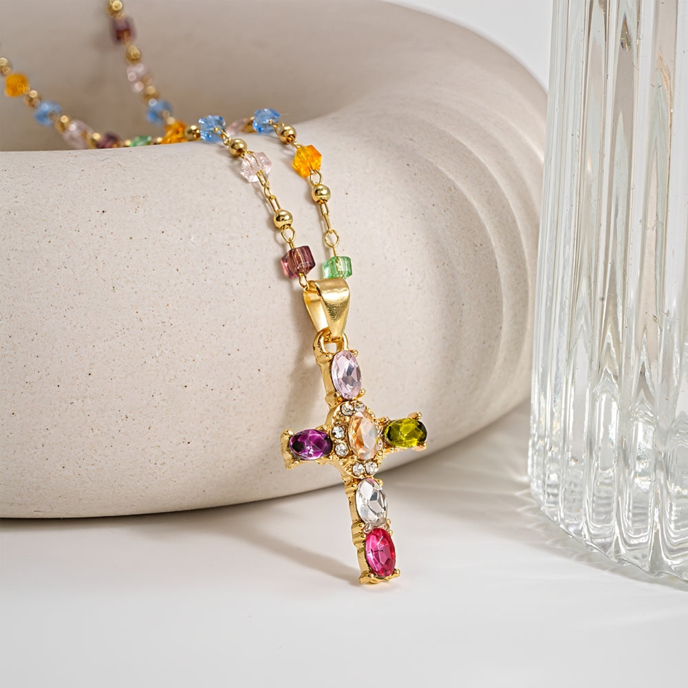 Women's Cross Necklace with Multicolored Stone Embellishment