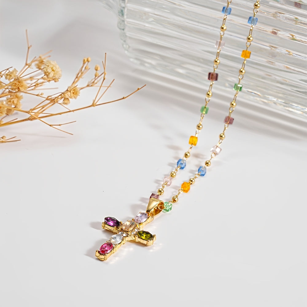 Women's Cross Necklace with Multicolored Stone Embellishment