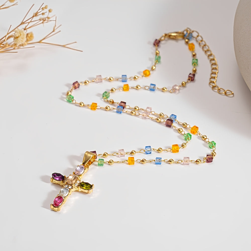 Women's Cross Necklace with Multicolored Stone Embellishment